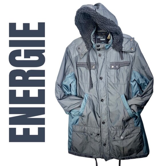 ENERGIE VINTAGE Y2K INSULATED MID LENGTH MOCK NECK PARKA HOOD GREEN GRAY, LARGE - Picture 1 of 12